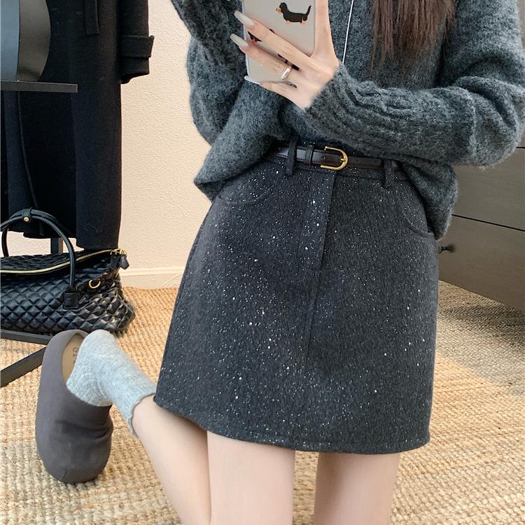 亮片毛呢半身裙大码胖mm复古包臀