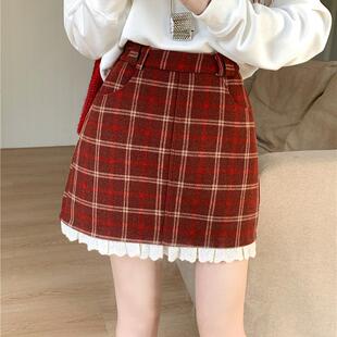 大码红色格子半身裙女秋冬款毛呢子胖mm显瘦t复古包臀短裙学院风