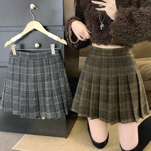 大码女格子短裙半身裙毛呢百褶裙