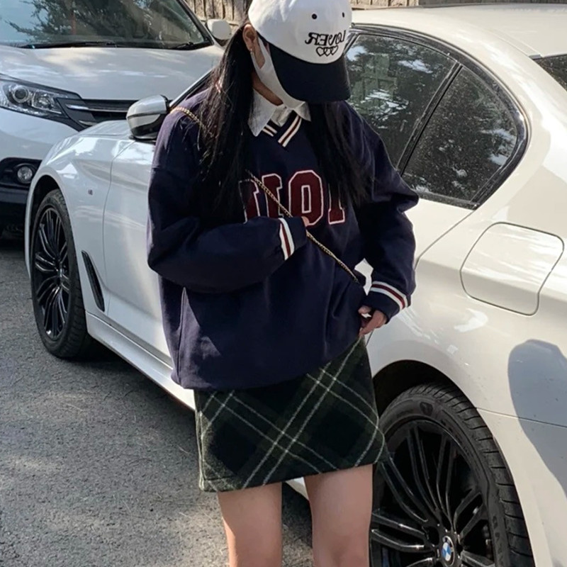 大码毛呢绿色格子半身裙包臀裙子