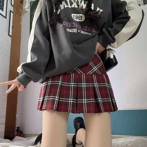 美式大码半身裙红格百褶裙子显瘦