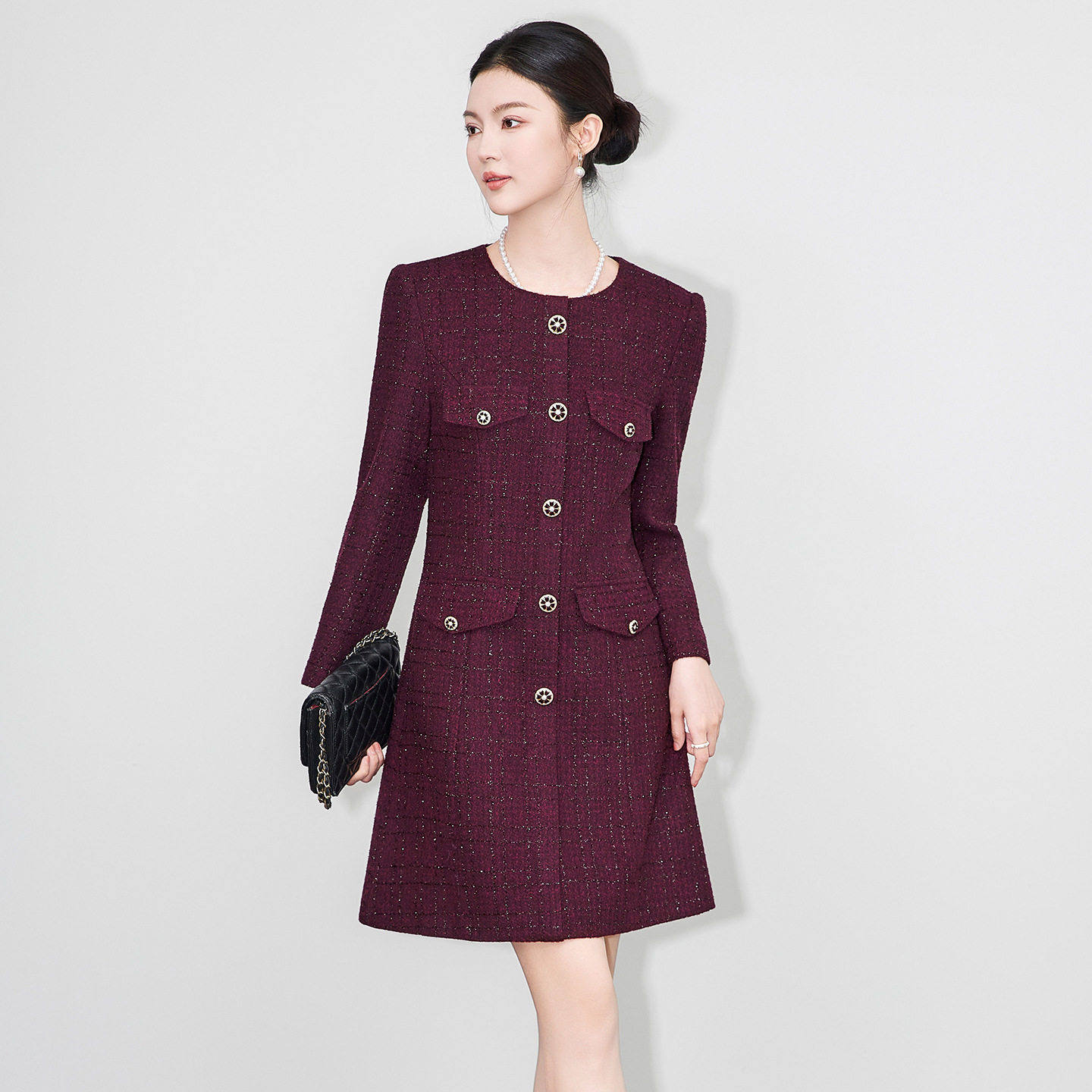 女装轻奢名媛小香风亮丝粗花呢A字连衣裙长袖宴会礼服2025秋冬短