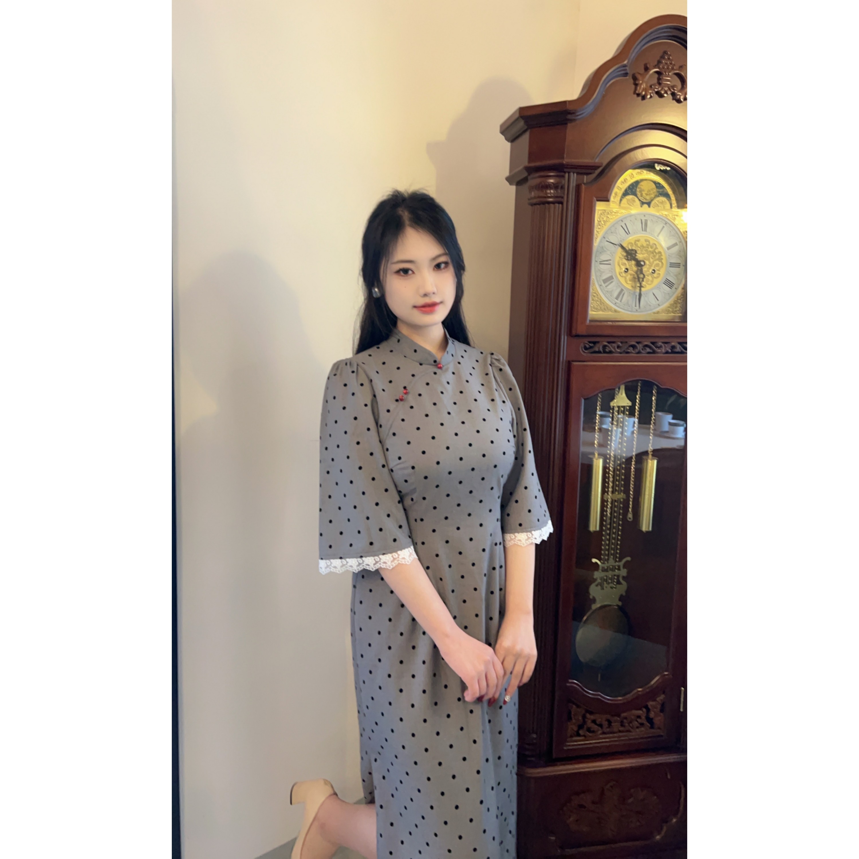 韶华【自制款】早春新品~胖mm植绒波点喇叭袖淑女年轻新中式旗袍,女装/女士精品,大码连衣裙,淘宝优惠券,粉丝福利购,淘宝优惠卷