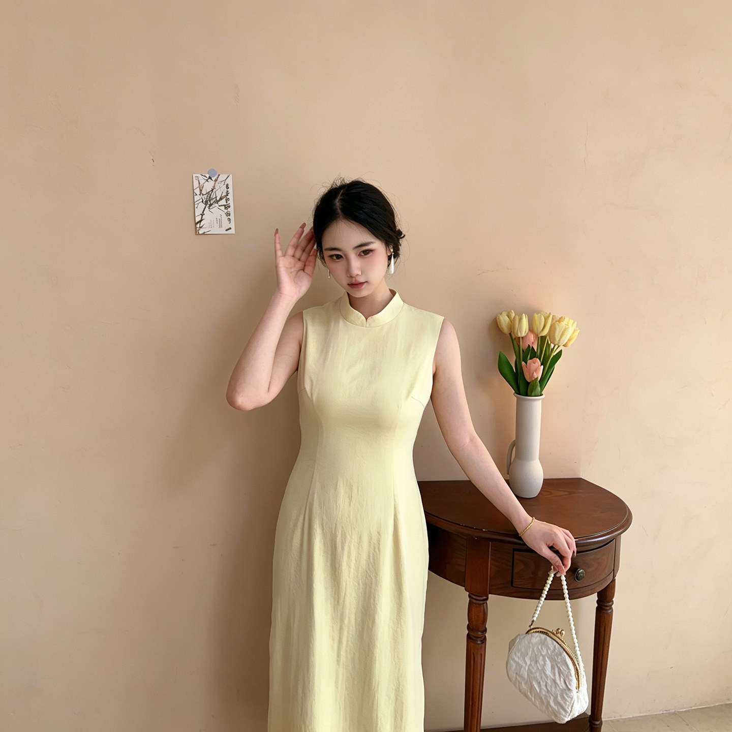 浅夏【自制款】鹅黄色新中式棉感小清新温婉新中式大码胖mm旗袍裙