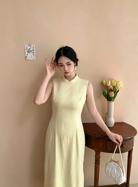 浅夏【自制款】鹅黄色新中式棉感小清新温婉新中式大码胖mm旗袍裙