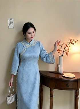 【自制款】早春新品蓝色温柔麂皮绒高级感蕾丝珠链大码胖mm旗袍裙