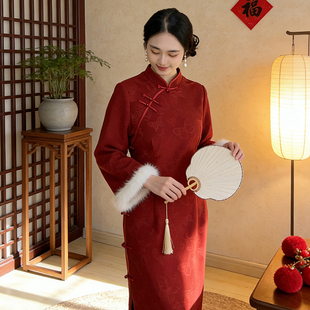 遇见新中式大码冬季加绒出阁服网红复古红色修身旗袍连衣裙禧礼