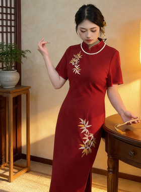 新中式大码红色国风夏季订婚旗袍