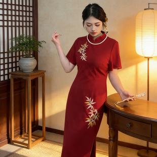 新中式复古红色订婚刺绣旗袍女短袖长裙日常精致喜庆中国风~风华