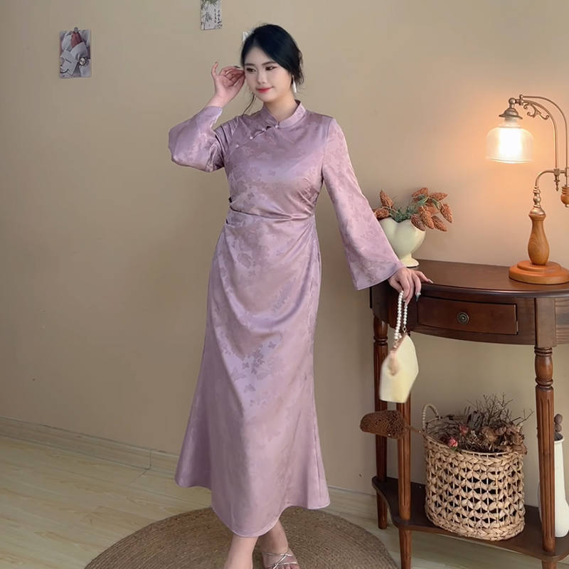 新中式国风紫色大码连衣裙