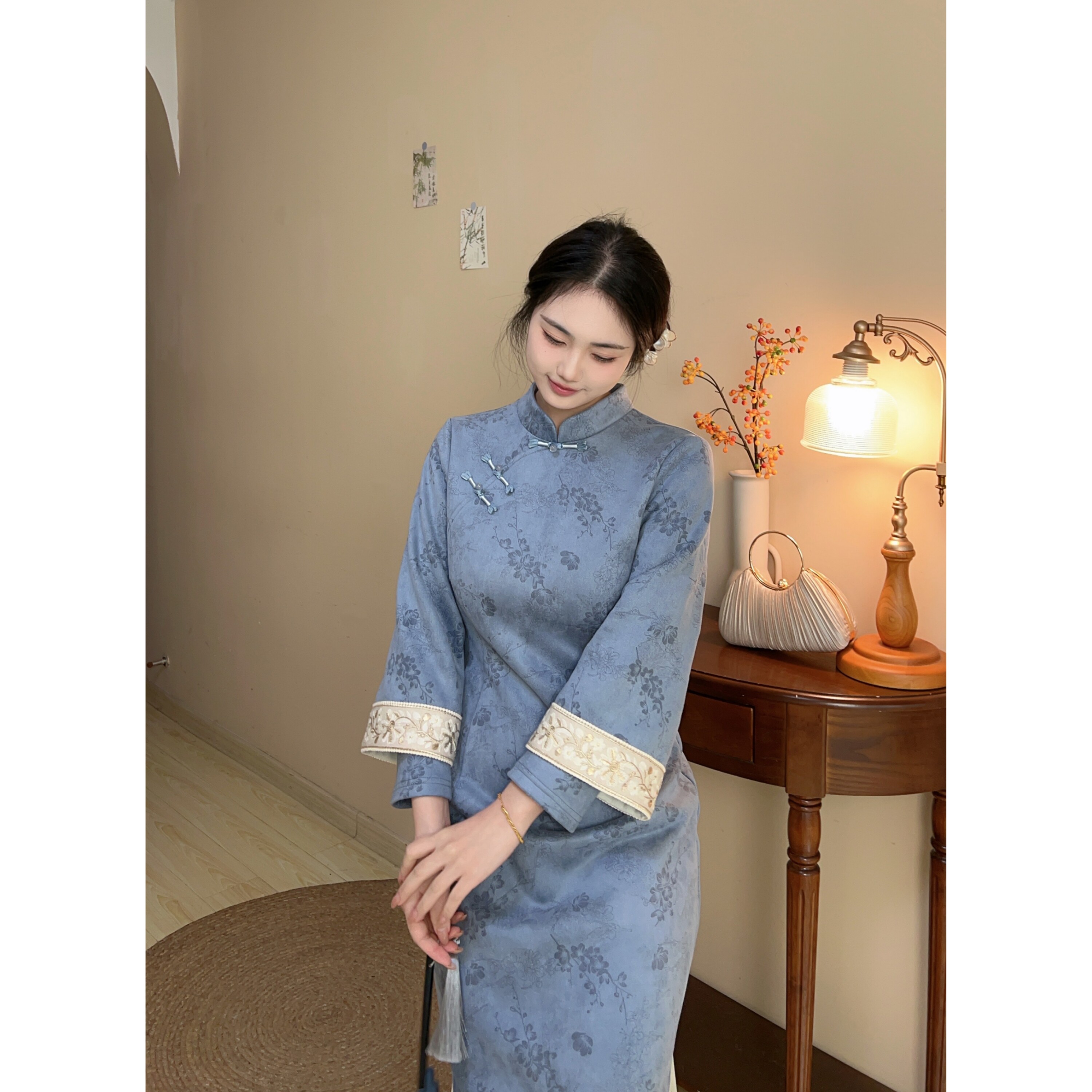 遇见大码蓝色麂皮绒文艺风旗袍