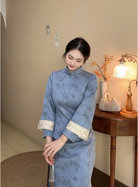 蓝黛【自制款】蓝色素雅麂皮绒文艺显白蓝色大码胖mm新中式旗袍裙