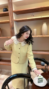 胖mm黄色花边小香韩版 30%羊毛大码 名媛气质高级感套装 自制款