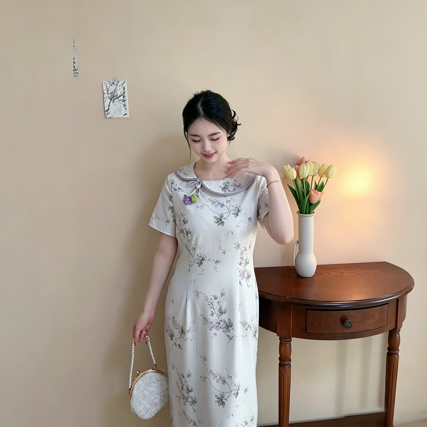 葡萄藤【自制款】紫藤花减龄娃娃领竹节麻温柔大码胖mm旗袍连衣裙