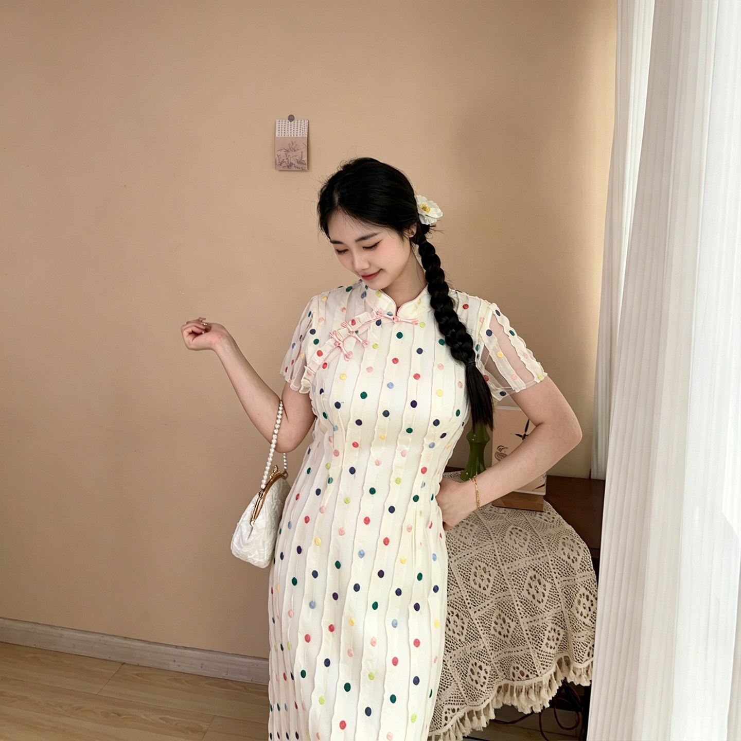 彩璃【自制款】重工款彩色波点少女感趣味旗袍大码胖mm显瘦连衣裙
