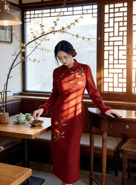 冬季加绒加厚提花红色订婚旗袍