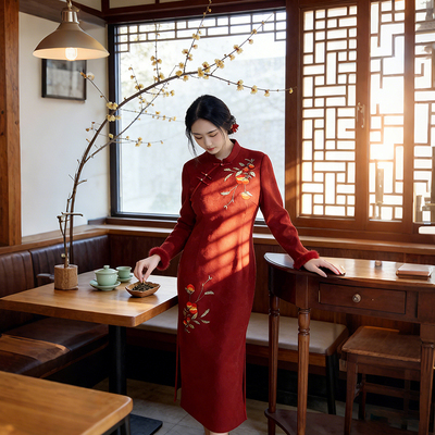冬季加绒加厚提花红色订婚旗袍