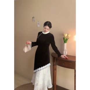 国风旗袍连衣裙大码 假两件丝绒拼接新中式 胖mm显瘦 自制款 墨染