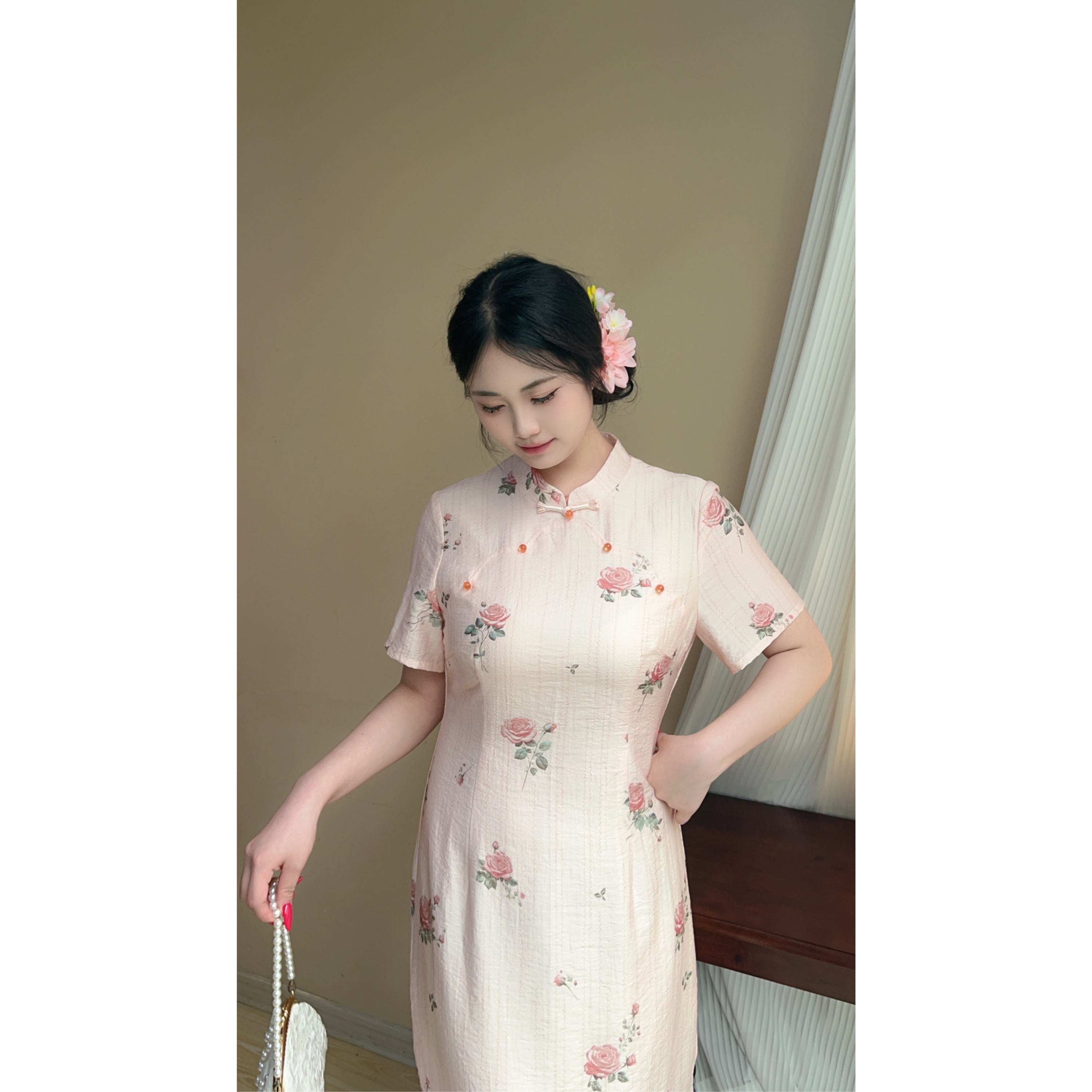 遇见大码新中式粉色印花日常旗袍