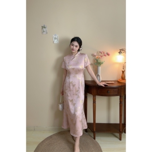 高级感重工缎面蝴蝶紫色大码 新中式 胖mm旗袍连衣裙 自制款 玉盏