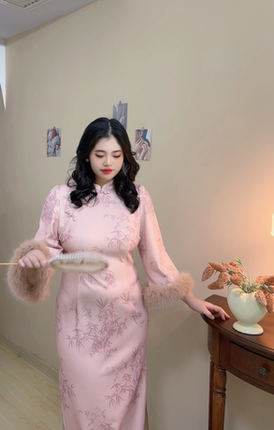 加绒版【自制款】新中式竹叶毛毛袖旗袍大码胖mm显瘦连衣裙冬季