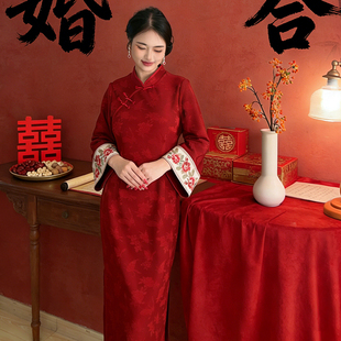 大码新中式刺绣长款旗袍红色秋冬小个子中式订婚连衣裙朱砂