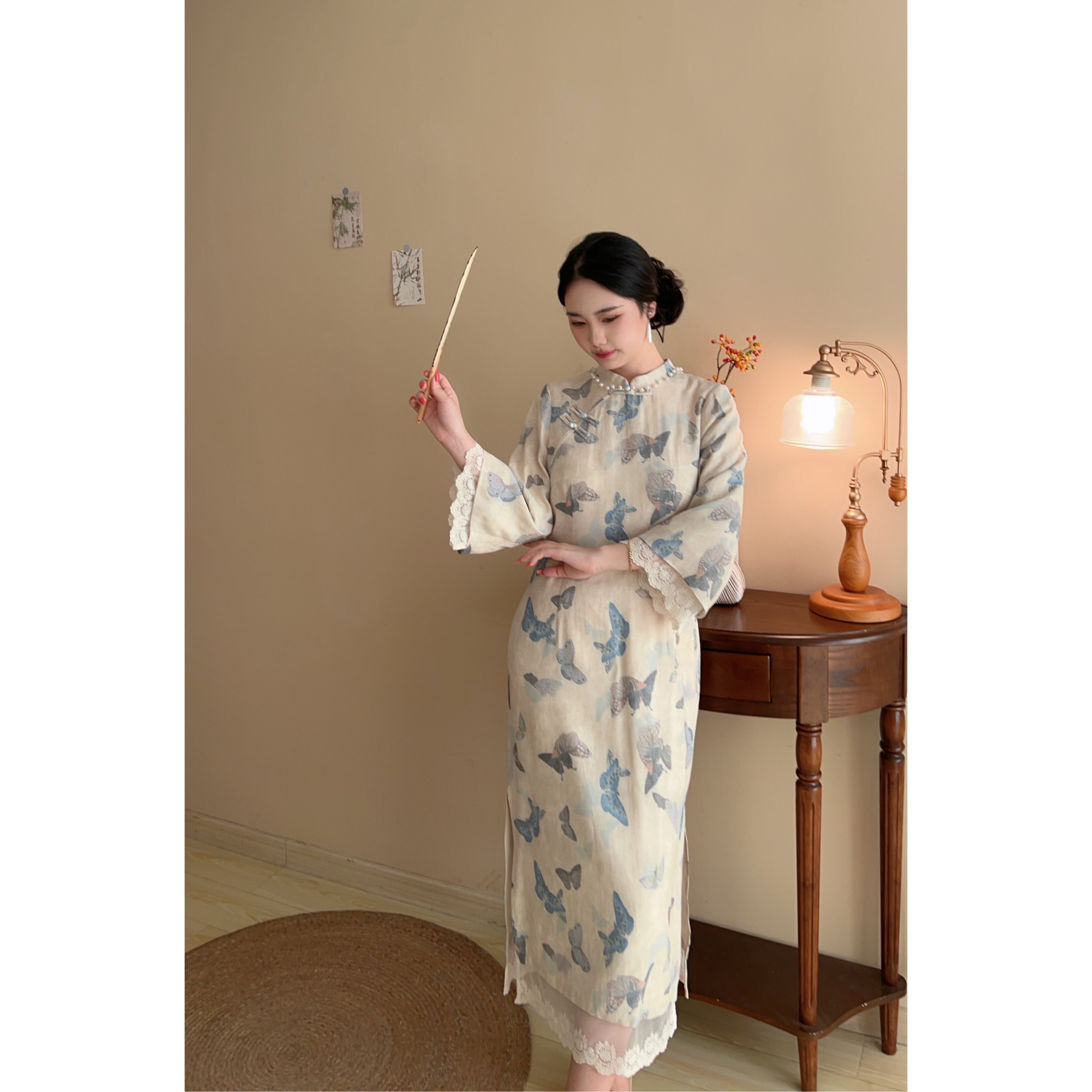遇见大码新中式蝴蝶蕾丝拼接旗袍