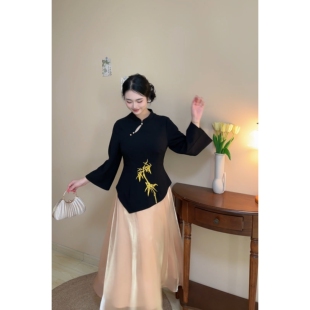 连衣裙大码 竹韵 烫金印花改良版 假两件新中式 胖mm显瘦女 自制款