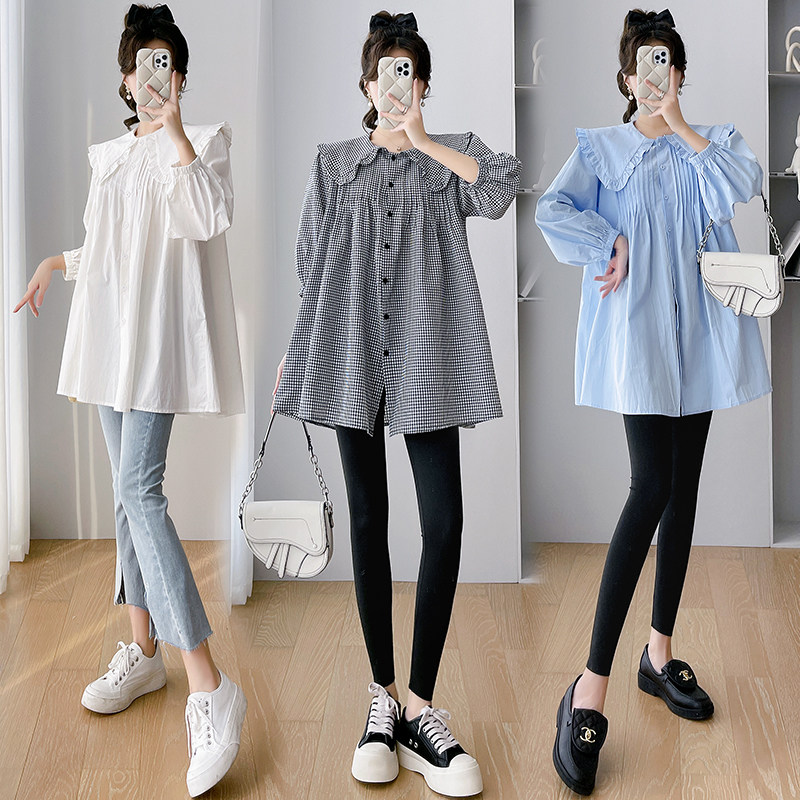 플러스 사이즈 출산 격자 무늬 셔츠 가을 유행 엄마 느슨한 슬리밍 흰색 셔츠 유행 인형 칼라 탑 200 파운드