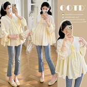 V领系带花边衬衫 大码 新款 2026春季 宽松上衣小个子200斤 孕妇娃娃衫