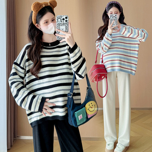 大码 慵懒休闲宽松显瘦套头上衣小个子200斤 孕妇条纹毛衣秋冬新款
