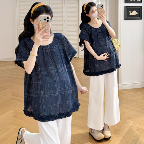 大码孕妇衬衫夏短袖上衣娃娃衫女
