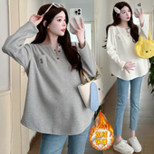 潮妈V领时尚 t恤上衣春秋款 宽松卫衣女减龄显瘦200斤 孕妇长袖 大码