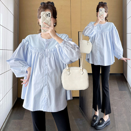 大码孕妇衬衫秋装长袖上衣娃娃衫