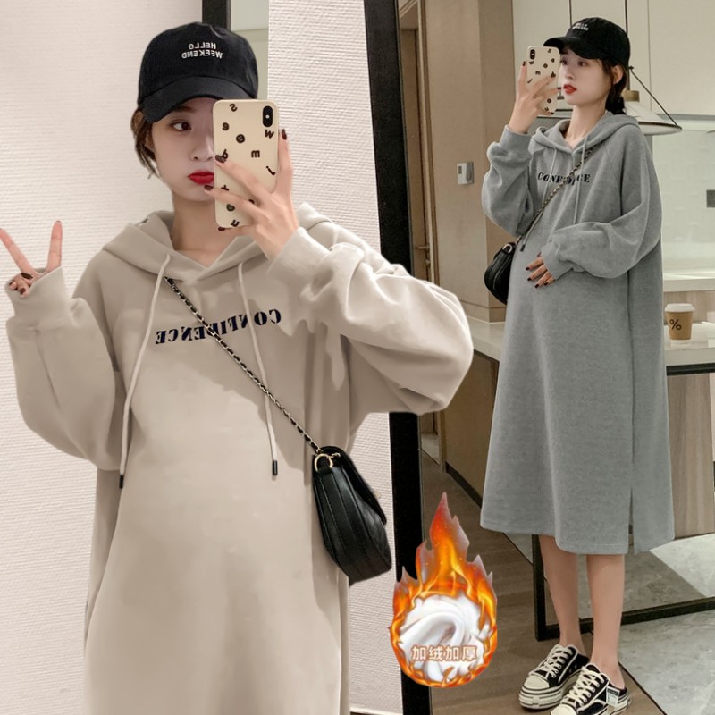 大码孕妇卫衣连衣裙春秋连帽上衣