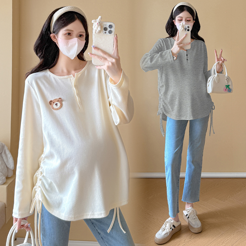 大码孕妇上衣秋季娃娃衫抽绳显瘦