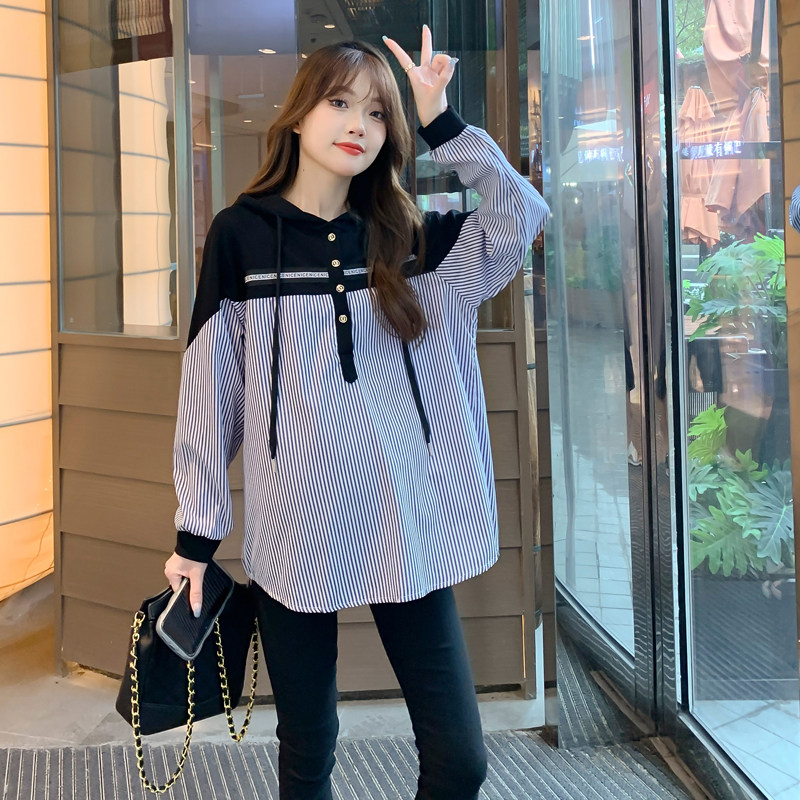 플러스사이즈 산모 스웻셔츠 봄 가을 스플릿 스트라이프 긴팔 상의 슬림 수유 다재다능 스타일리쉬 트렌디한 엄마 200파운드