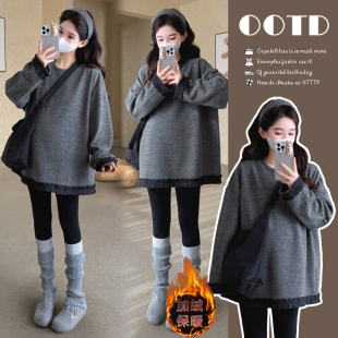 大码 孕妇卫衣秋冬加绒韩系花边拼接t恤上衣气质显瘦洋气减龄200斤