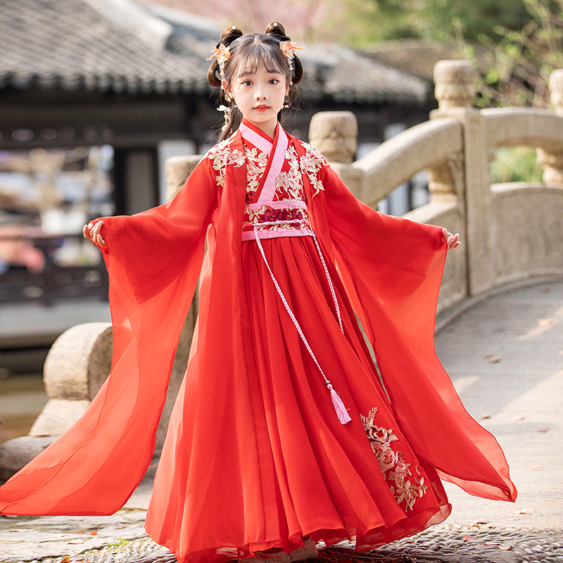 女童汉服春秋新款夏季女孩唐装公主连衣裙子童中国风红色超仙古装