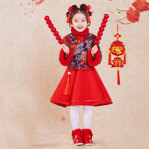 女童汉服秋冬儿童古装冬款冬季中国风加绒唐装过年拜年服加厚冬装