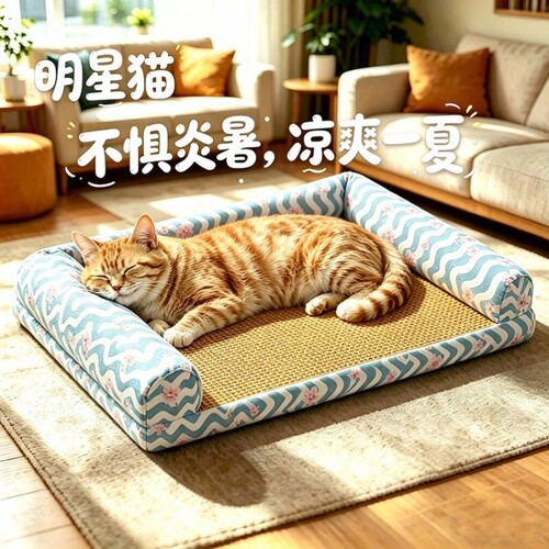 夏季猫窝凉席沙发藤席可拆洗透气散热猫窝宠物睡眠垫简约方形狗窝