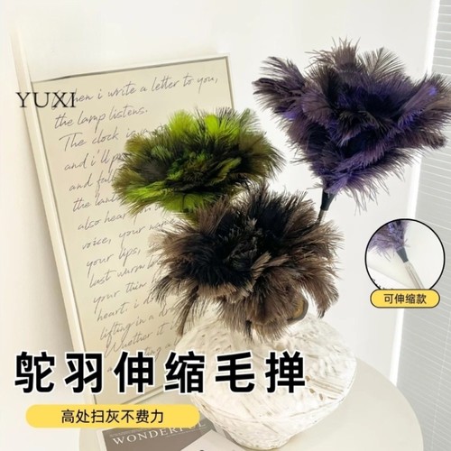 掸尘迎新鸵鸟毛除尘鸡毛掸子可伸缩防静电扫灰宋式居家用美学摆件