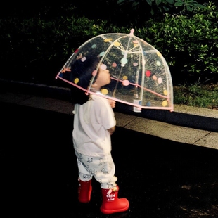 波点儿童雨伞透明长柄伞高颜值男女孩2025新款拱形学生上学专用