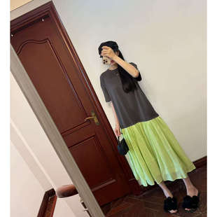 慵懒高级 大爱 绝美拼色重工百褶T恤拼接连衣裙op 自留 666