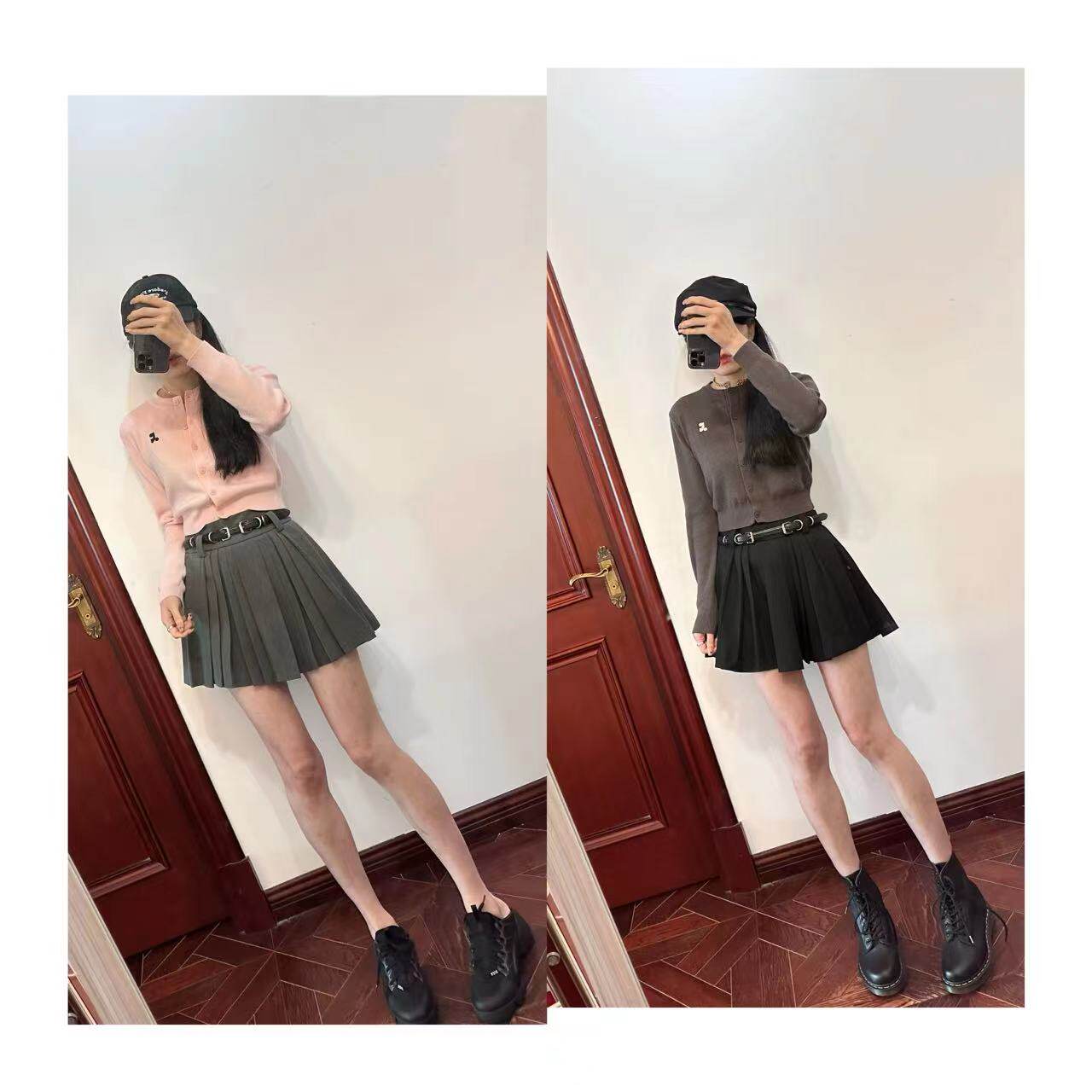 MCHIC | r~短款针织开衫+Mo24春款~学院风腰带百褶短裙 A字半身裙