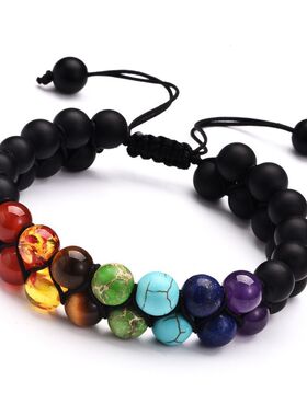 亚马逊新款七彩石头欧美男黑色火山石瑜伽能量手链珠编手串手工