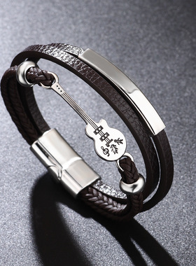 欧美跨境朋克皮革手环潮男流行吉他PU皮手链时尚多层编织磁扣手环