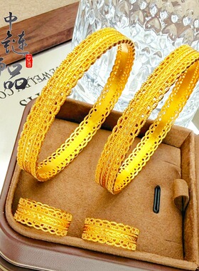 直播爆款古法沙金镂空花丝腰缠万贯手镯戒指 新中式蕾丝麦穗手环