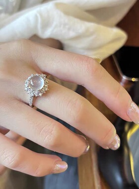 新中式白玉髓蛋面戒指女小众设计感轻奢感食指戒可调节潮指环