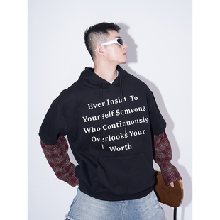 双11清仓 拍照超帅！简约字母拼接假两件格子OVERSIZE带帽卫衣